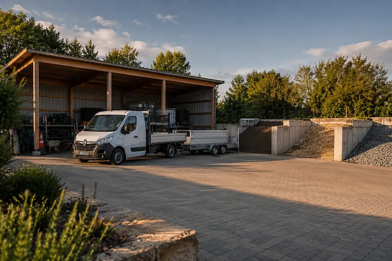 Betriebshof mit offener Halle, Pritschenwagen, Anhängern und Schüttgutboxen