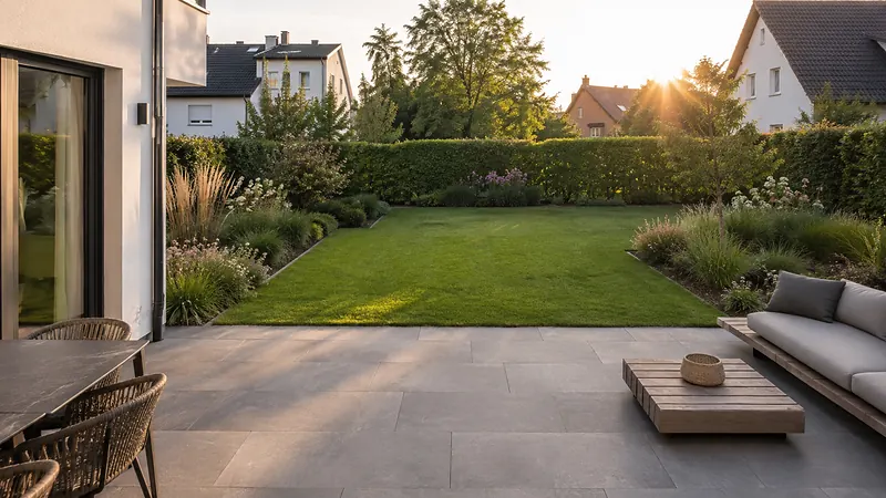 Fertig angelegter Privatgarten mit großer Terrasse, Rasenfläche und Staudenbeeten