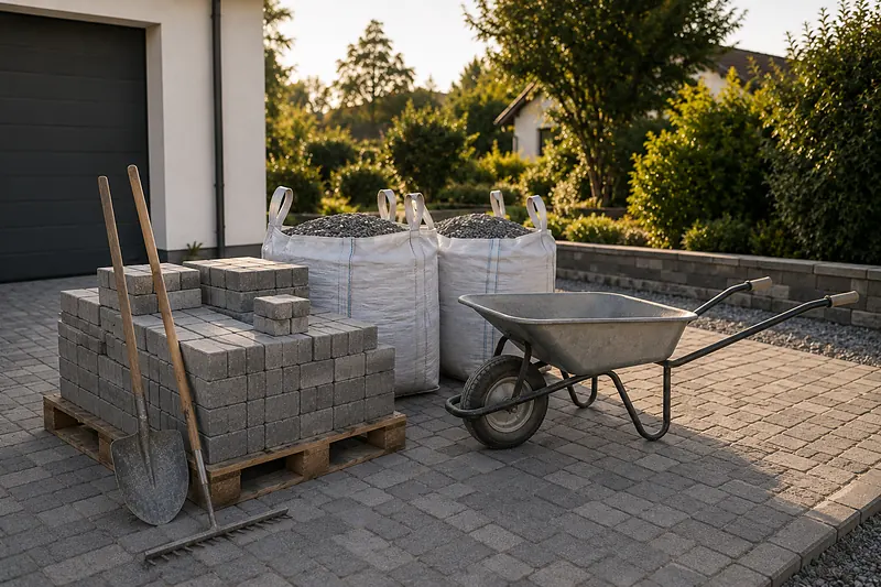 Palette mit Pflastersteinen, zwei Big Bags mit Splitt und eine Schubkarre in einer Hauseinfahrt